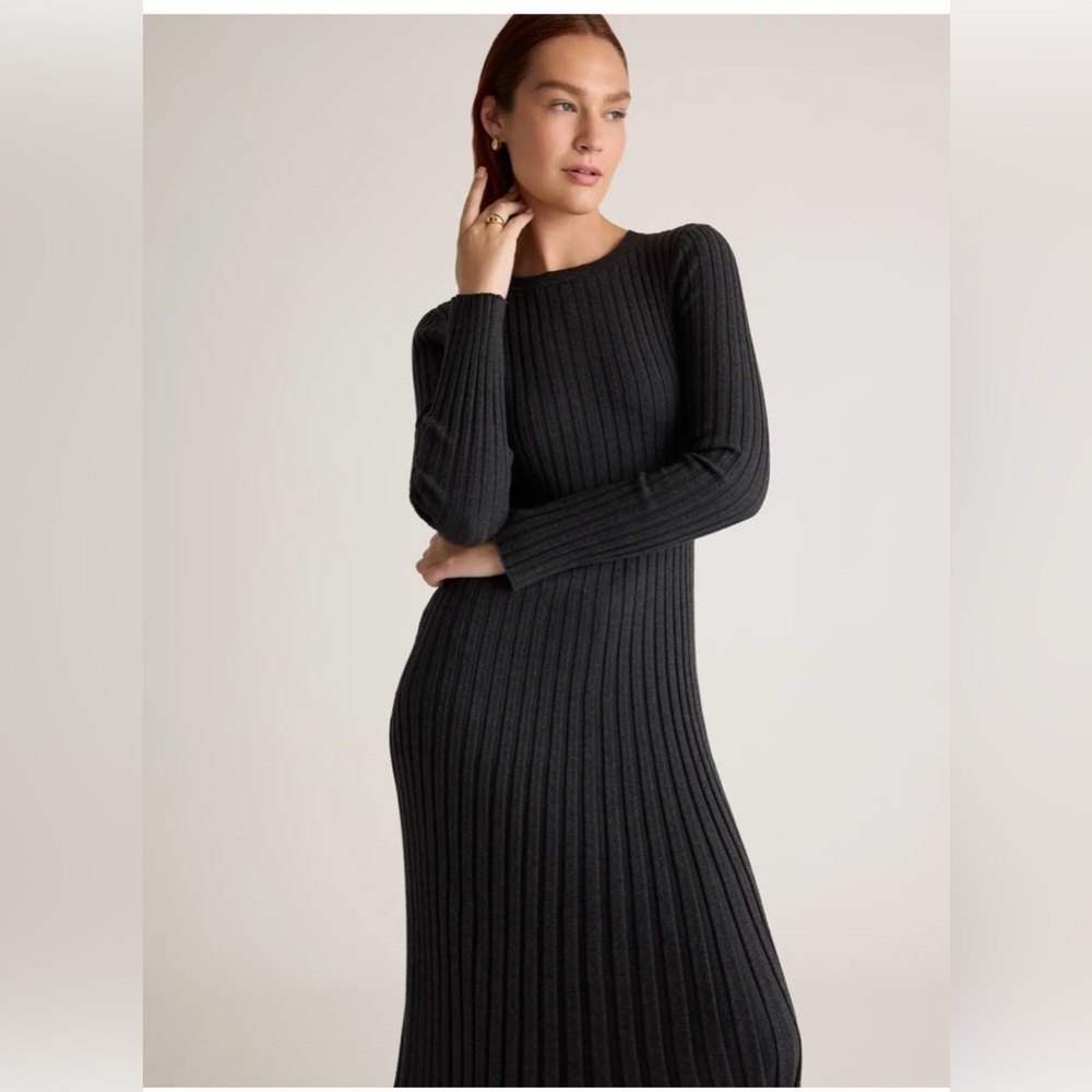 Quince Cotton Cashmere Ribbed Long Sleeve Crew Midi Dress charcoal Heather XL - Picture 5 of 10